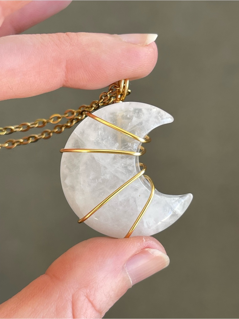Clear Quartz Crescent Moon Necklace Stainless Steel Gold Plated